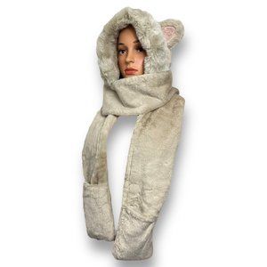 Winter Warm Women Hood Scarf with Gloves Pocket Earflap Hat Long Scarf - Beige